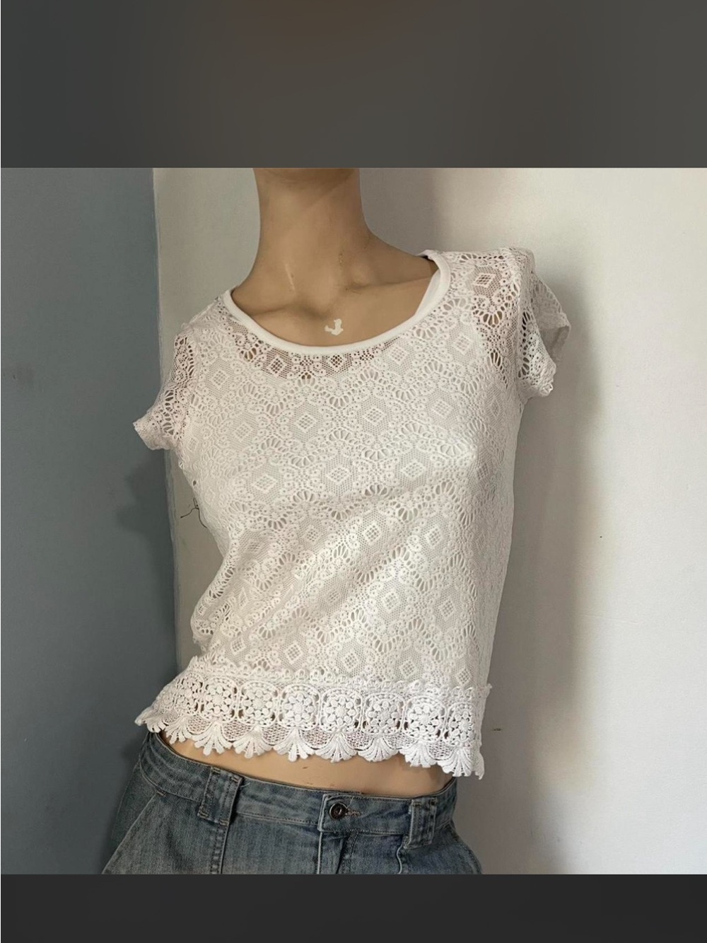 Takara White Lace Crochet Cap-Sleeve Top